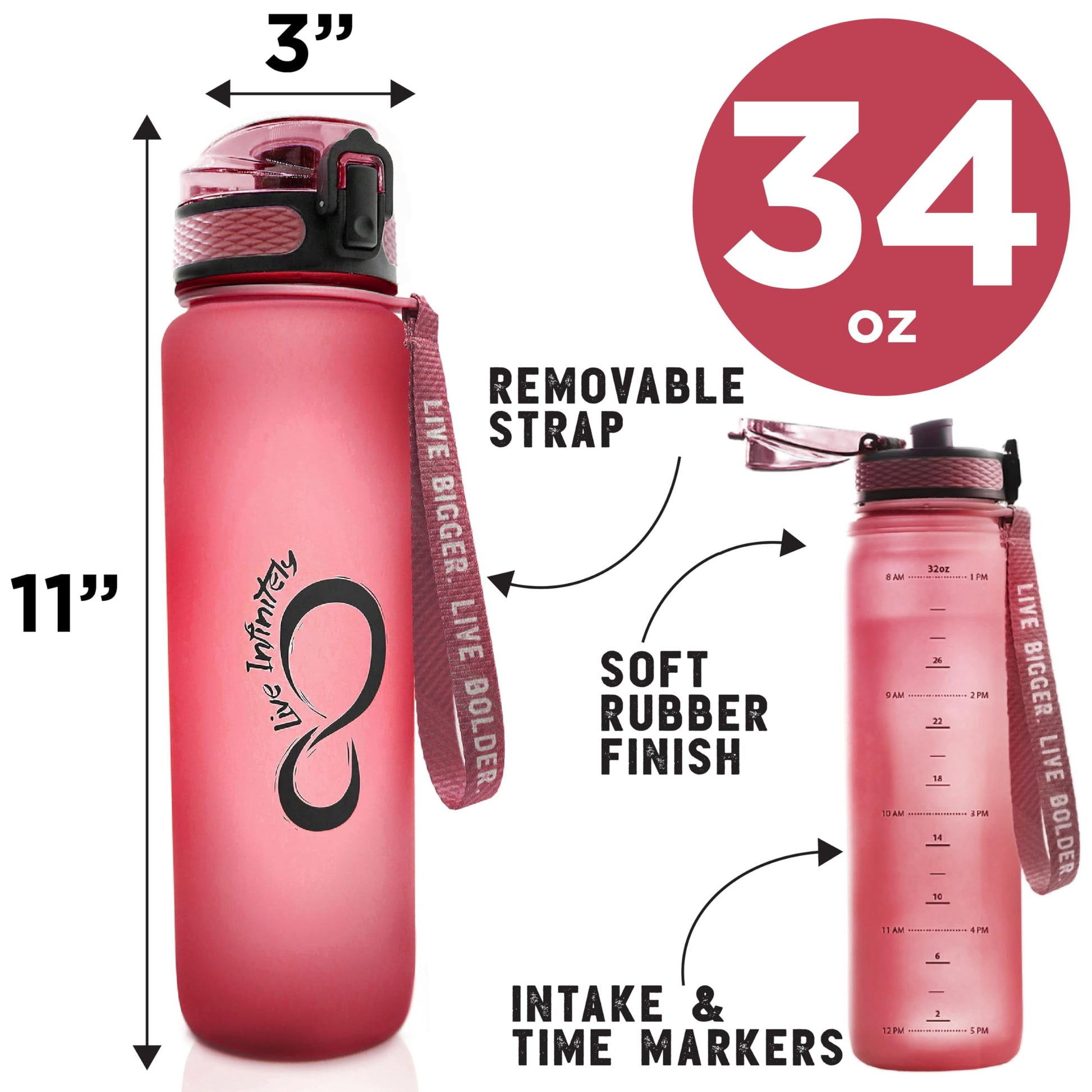 Gym Water Bottle with Time Marker Fruit Infuser and Shaker 34 Oz Burgundy